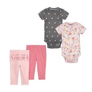 Carter's & Gerber Set - Pink Ruffle Pants Grey Polka Dot Floral Bodysuit - 0-3 m
